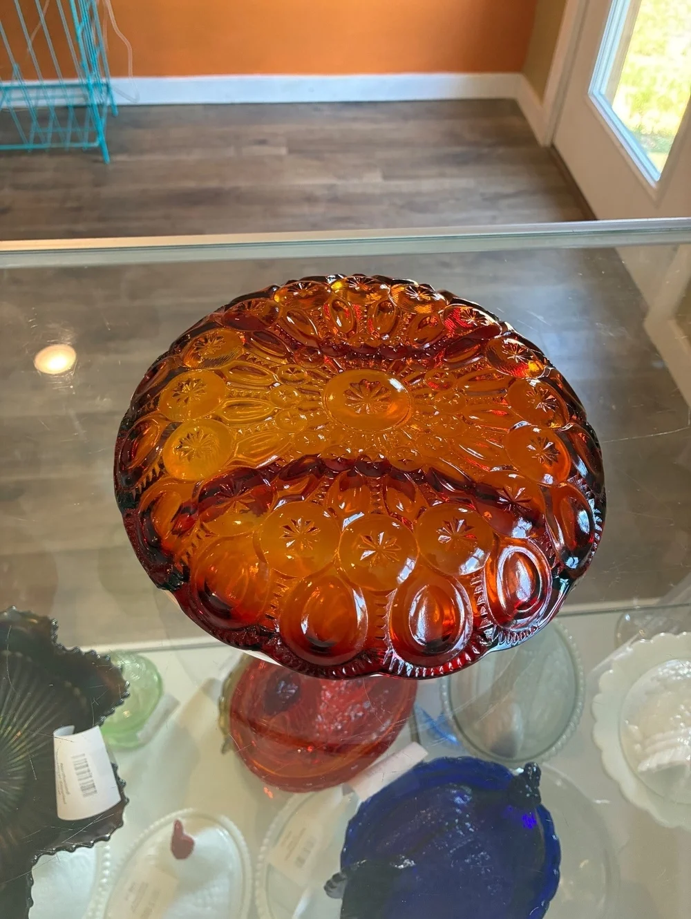 L.E. Smith Vintage Amberina Moon & Star Relish Tray UV Reactive Glass
